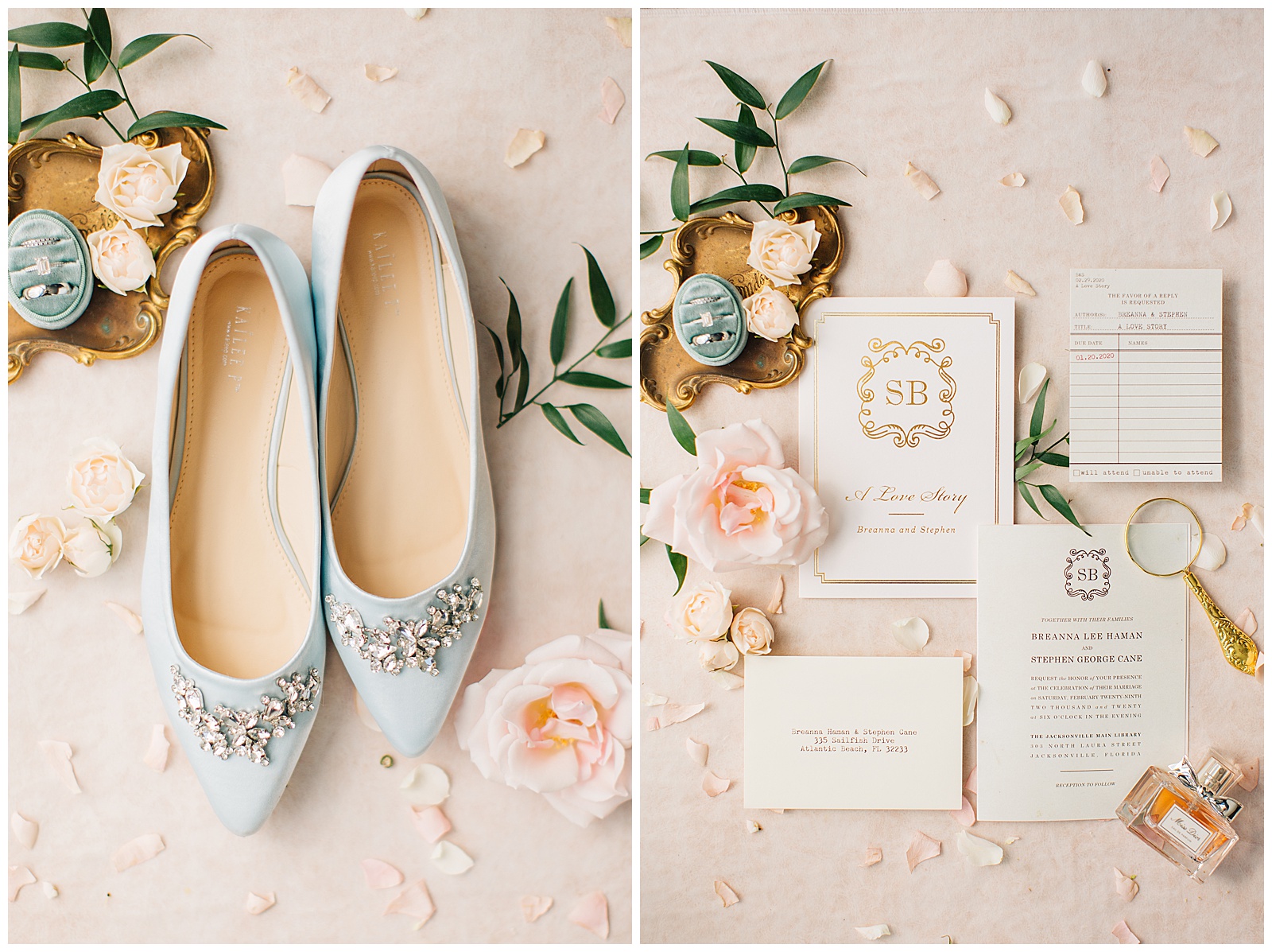 blush and mint wedding details - blush and gold invitation suite
