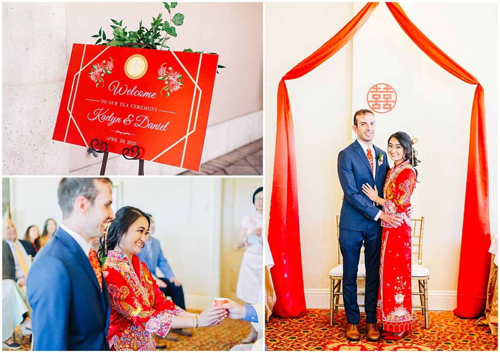 Traditional chinese tea ceremony. Bride wears vibrant red dress . Decore includes red drapes and welcome sign