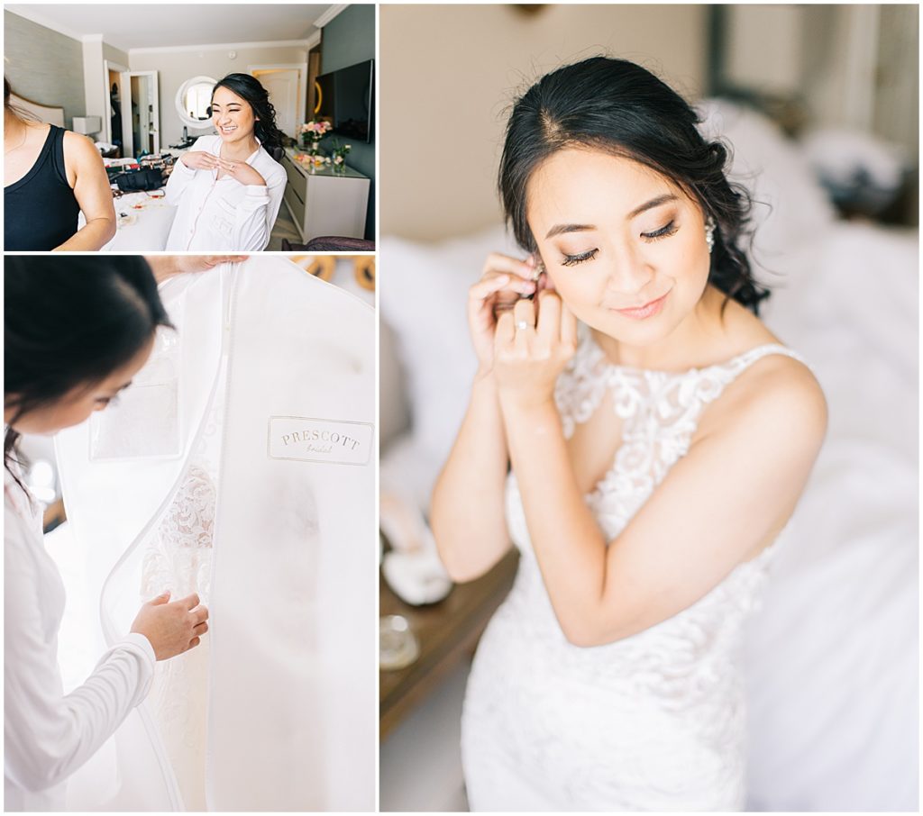 Bride getting ready, putting in earings and unveiling dress