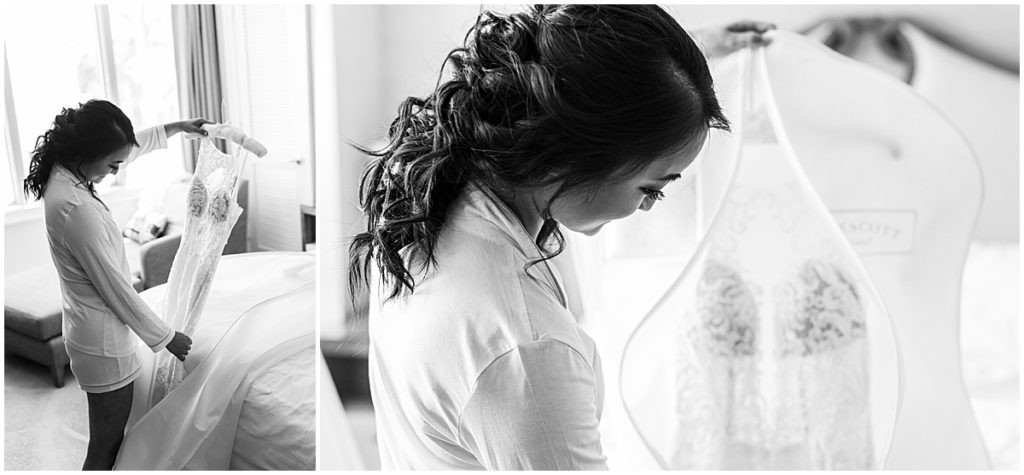 Bride looking at wedding dresss. Black and white images.