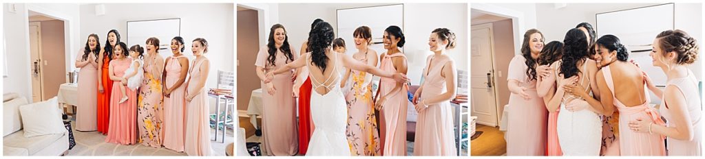 Bride and bridesmaids reaction after seeing her for first time