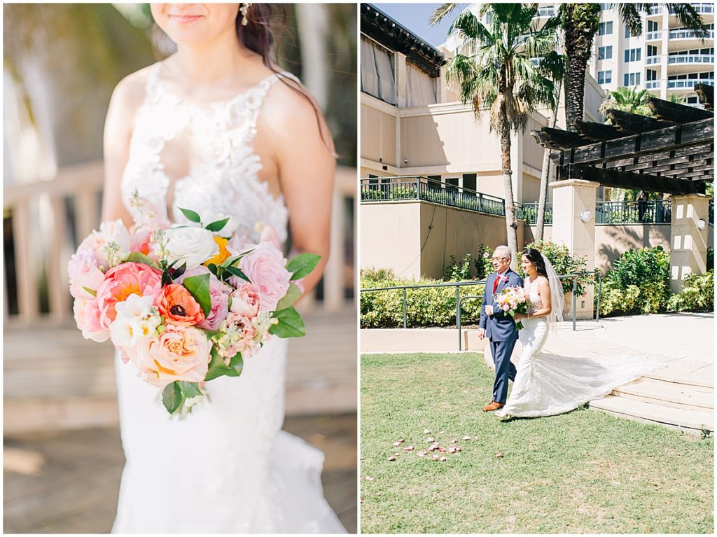 Bride holding colorful bouquet, bride with father at Sarasota Wedding  | By Sarasota Wedding Photographer, Nikki Golden