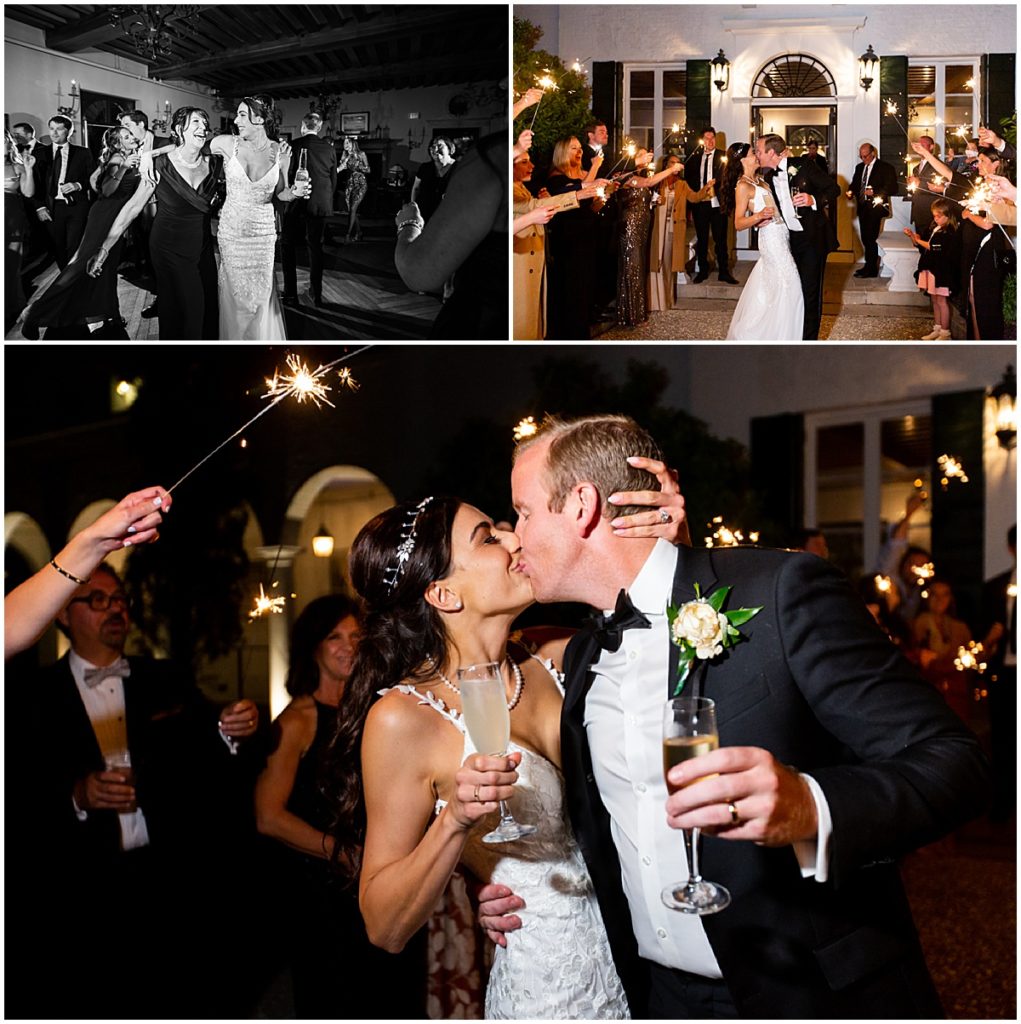 Wedding reception with sparkler send off, couple kissing holding champagne flutes