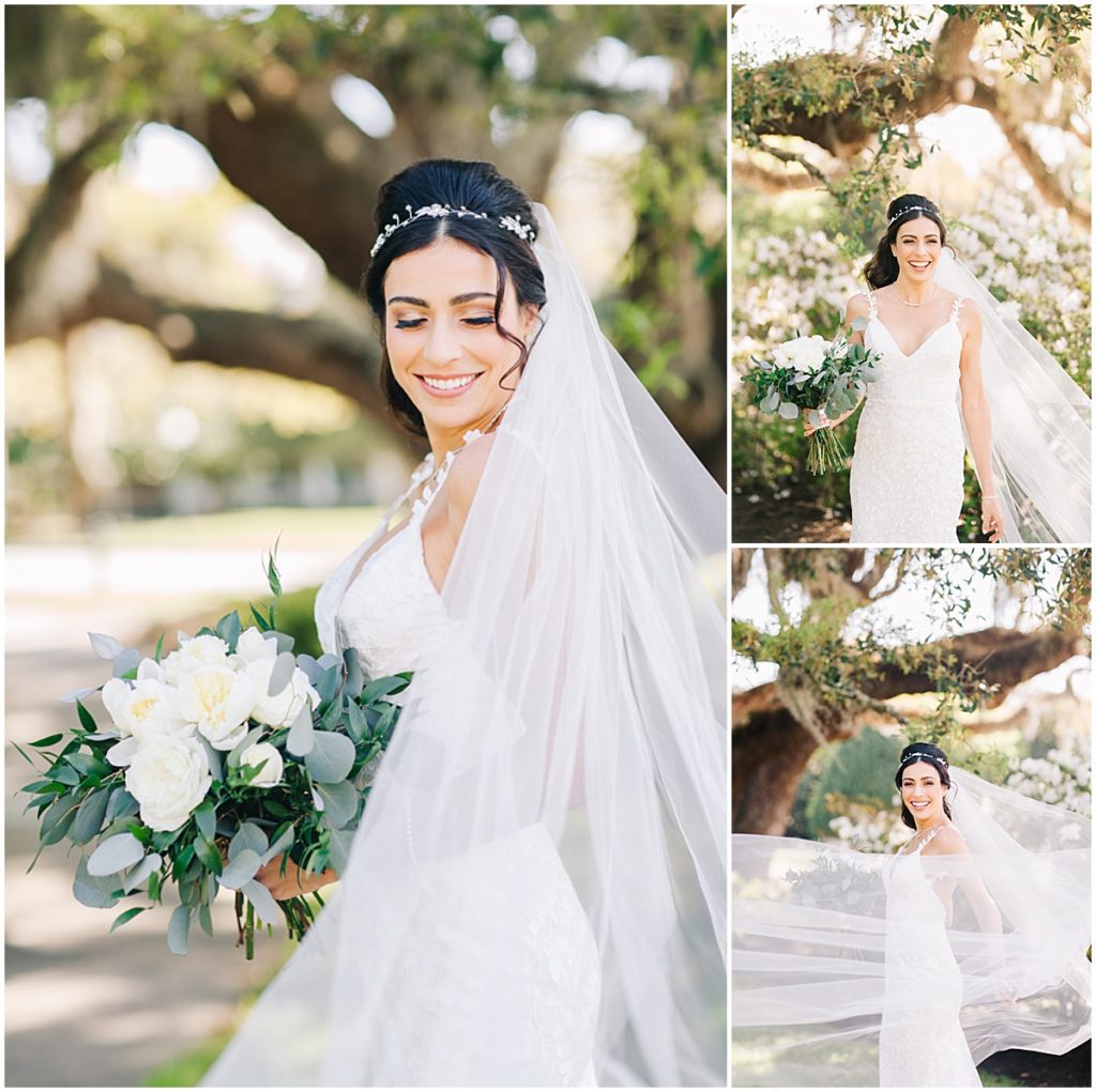 Bride at with flowing veil and white and green bouquet  | By Jekyll Island Wedding Photographer, Nikki Golden
