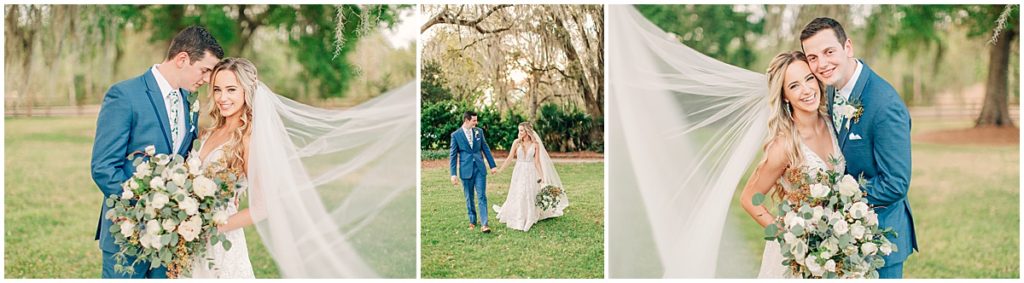 Bride and groom portraits with flowing veil, in the grounds of Tuscan Rose Vineyards