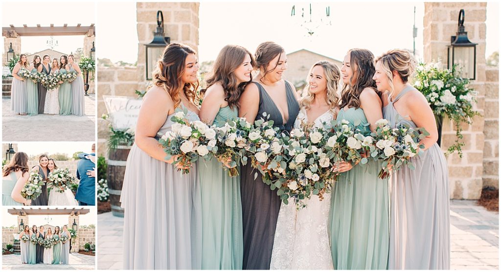 Bride with bridesmaids wearing different shades of pastel green