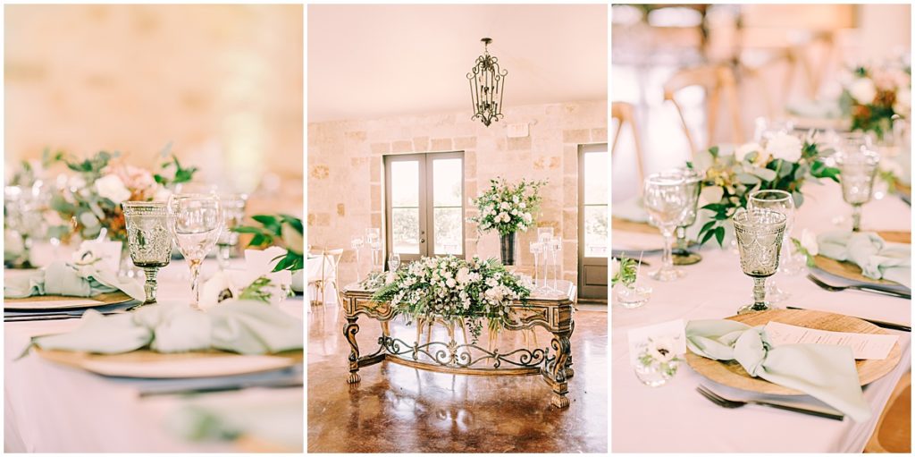 Wedding reception tables with sage green, light pink, and grey color  tones 