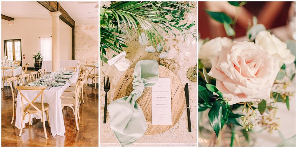 Wedding reception details with sage green, light pink, and grey  | By Jacksonville Wedding Photographer, Nikki Golden