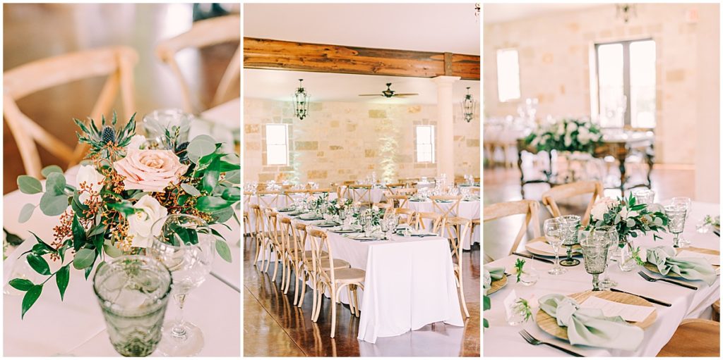 Wedding reception details with sage green, light pink, and grey color palette. Held at Tuscan Rose Vineyards