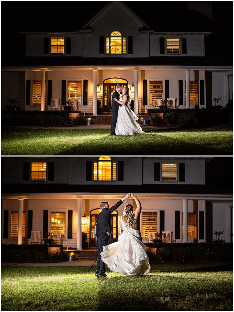 Bride and groom dance in front of The Manor at 12 Oaks | By Jacksonville Wedding Photographer, Nikki Golden