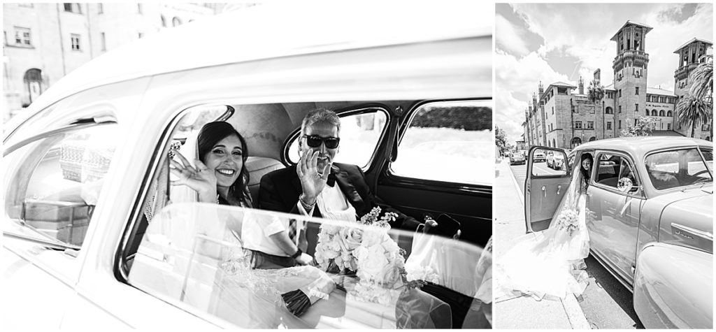 Bride with her father in vintage car, black and white image