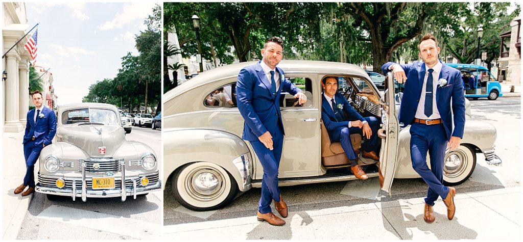 Groom with groomsmen in vintage wedding car | By St Augustine Photographer, Nikki Golden