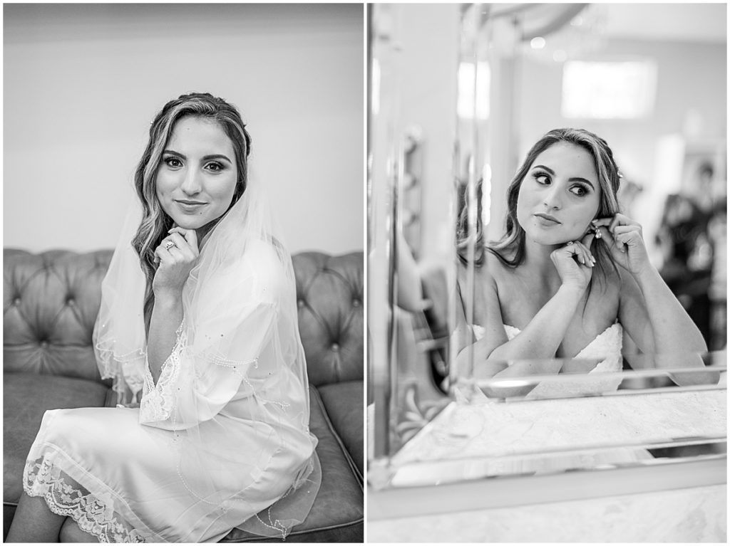 Black and white photo of bride getting ready for wedding at Bowing Oaks | By Nikki Golden, Jacksonville Wedding Photographer