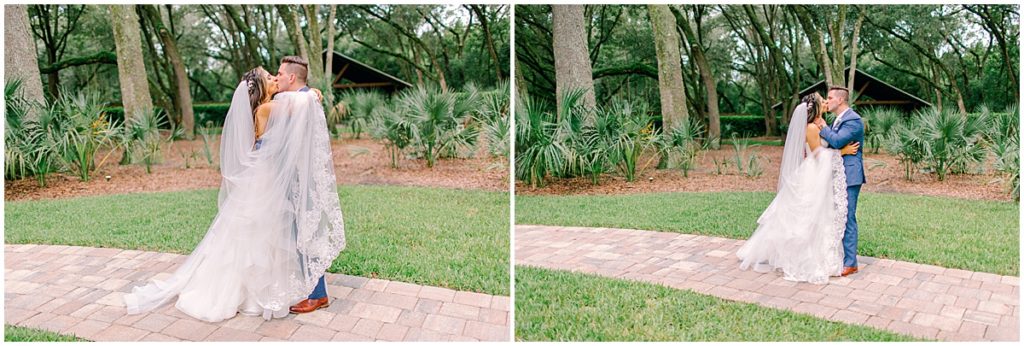 Bridal and groom with flowing veil at Bowing oaks wedding | By Nikki Golden, Jacksonville Wedding Photographer