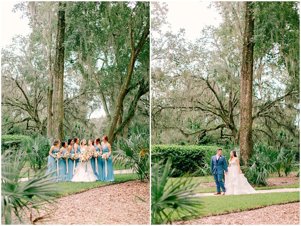Bride and groom, bridesmaids in the grounds of bowing oaks