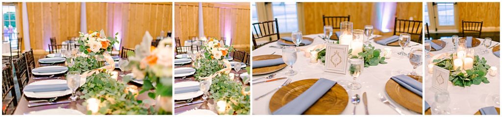 Wedding reception set-up with dusty blue and peach accents 