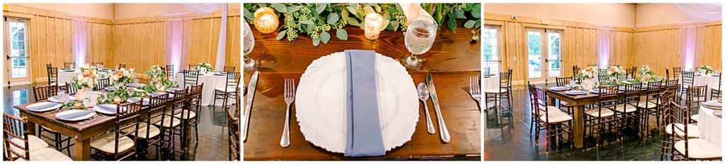 Wedding reception set-up with dusty blue and peach accents 