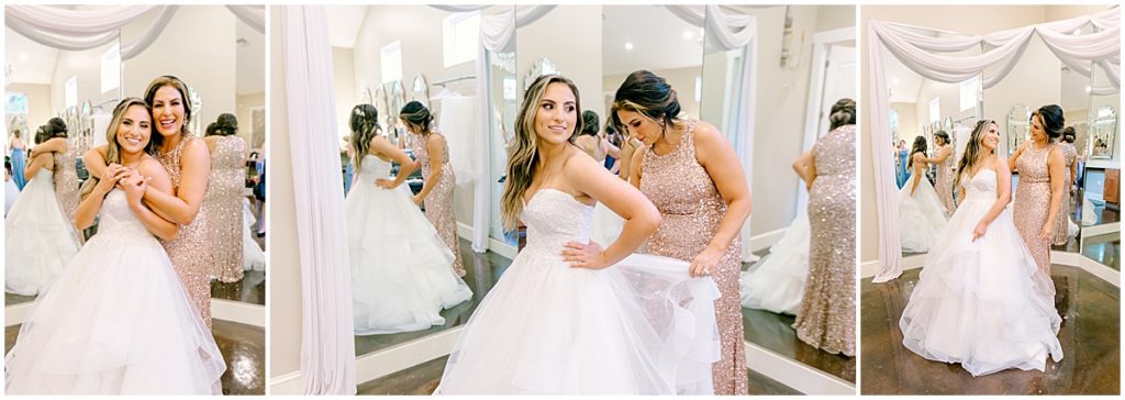 Bride with mother helping her into her dress