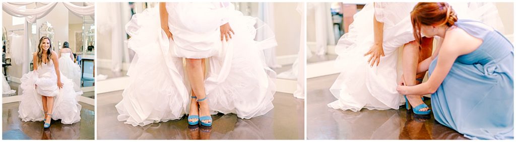 Bride showing blue shoes under dress