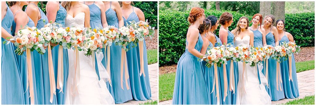 Bride with bridesmaids in dusty blue