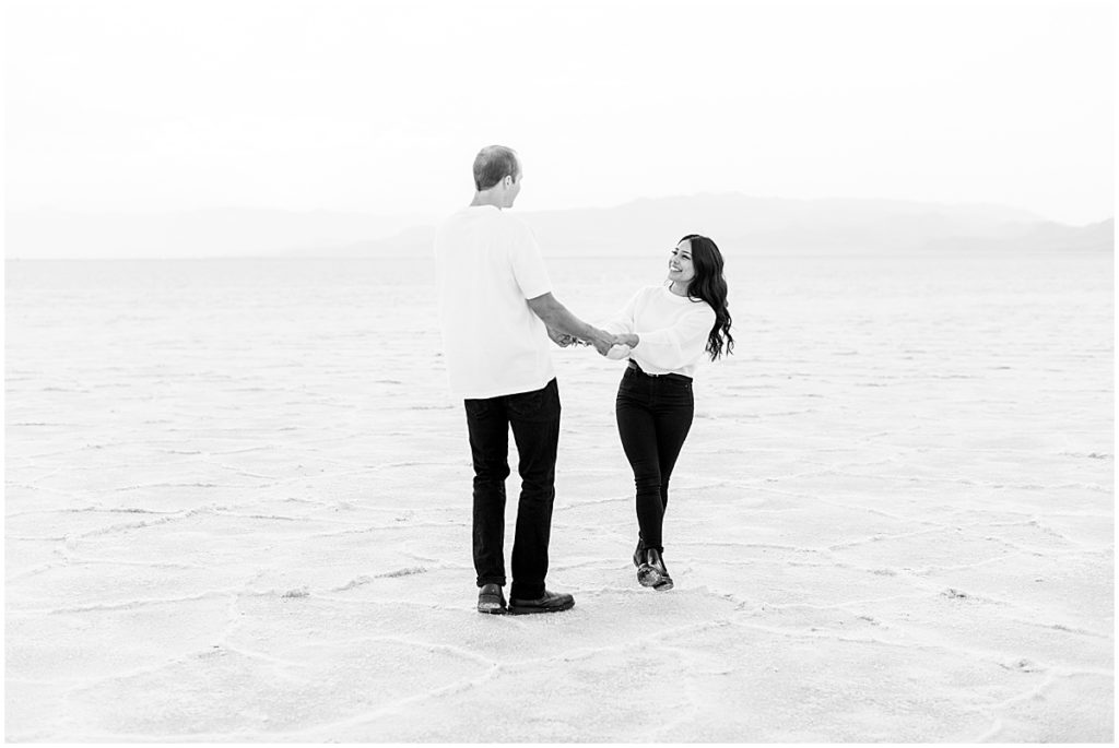Black and white Couples portrait session at Utah salt flats, Nikki Golden Photography