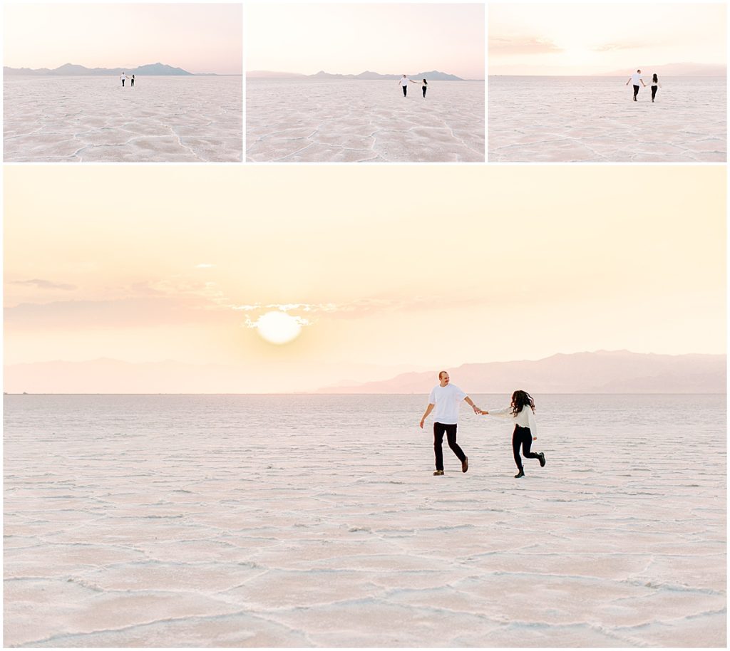 Sunset over the Bonneville Utah Salt  Flats at couples portrait session by Fine Art Film Photographer - Nikki Golden