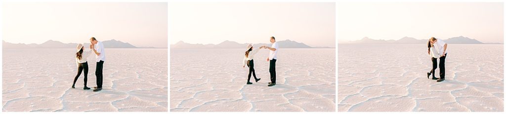 Couple walking along holding hands at the Bonneville salt flats in Utah | Destination wedding photographer | Nikki Golden