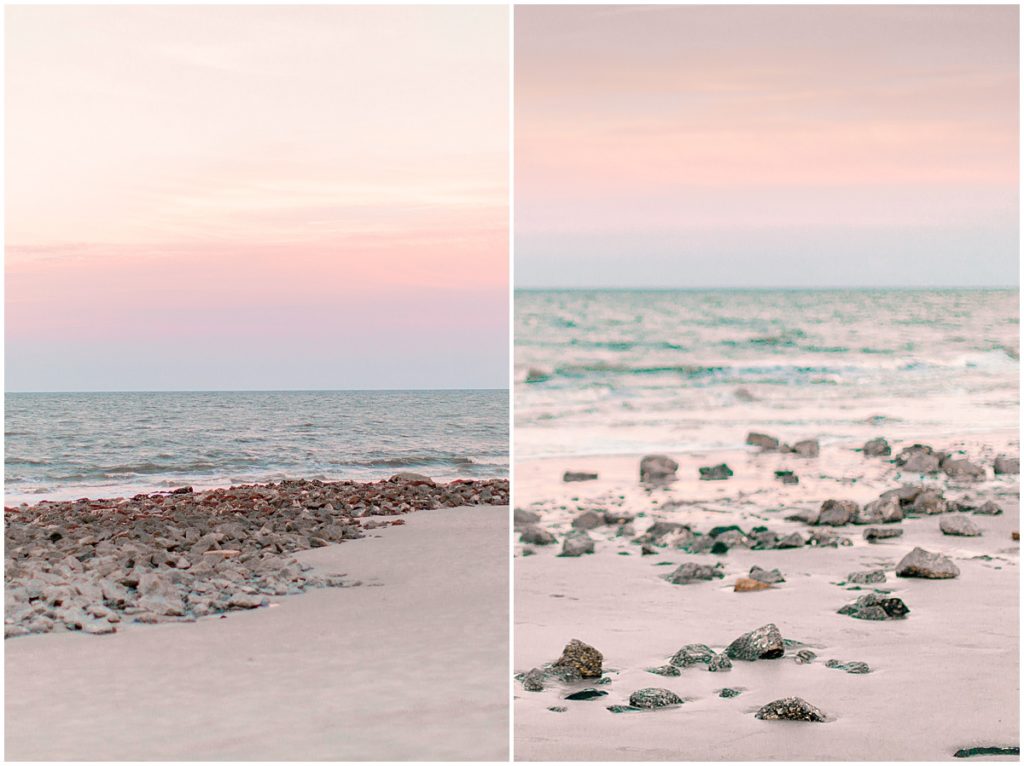 Pink Sunset, rocky beach at Jekyll Island by Jekyll Island wedding photographer.