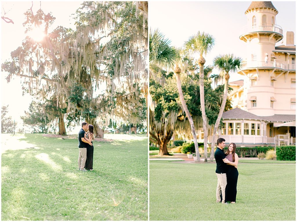 Engaged couple hugging at Jekyll Island by Jekyll Island wedding photographer.
