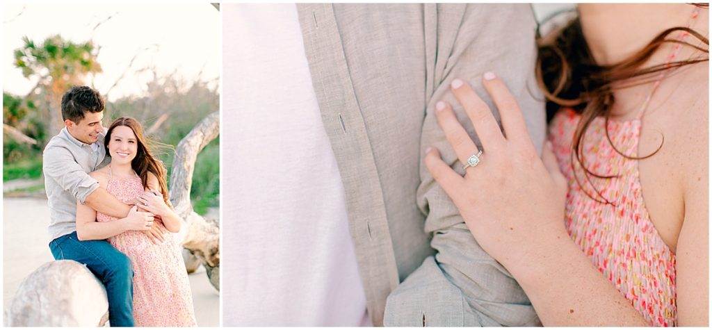 Couple cuddling and close up of engagement ring