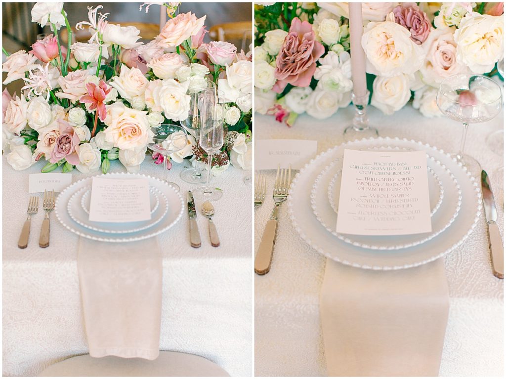 Wedding place settings with blush tones and pearl accents. By Nikki Golden Photography, destination wedding photographer