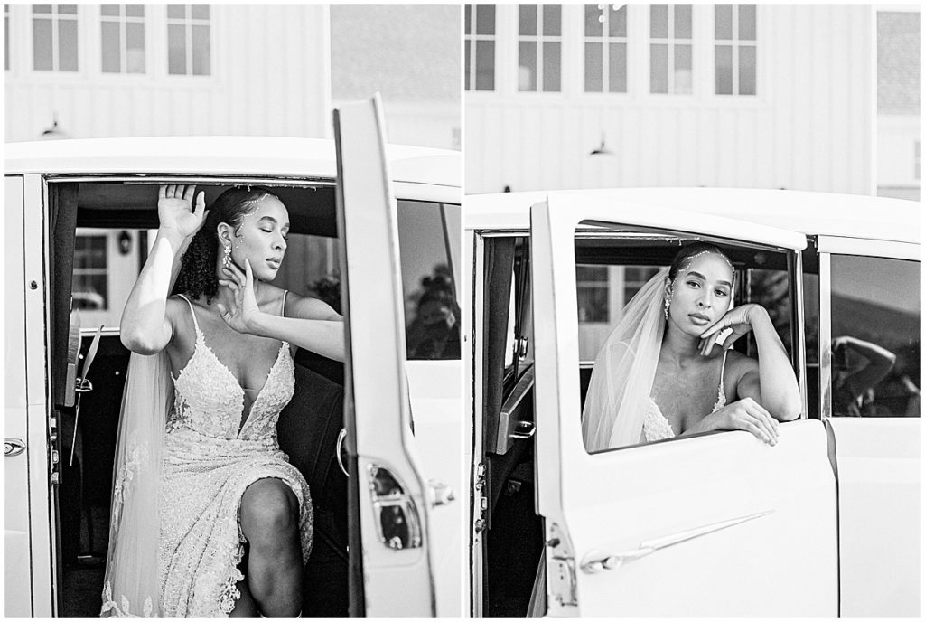 black and white images of bride inside white wedding car, at River Bottoms Ranch, Utah | Nikki Golden Photography