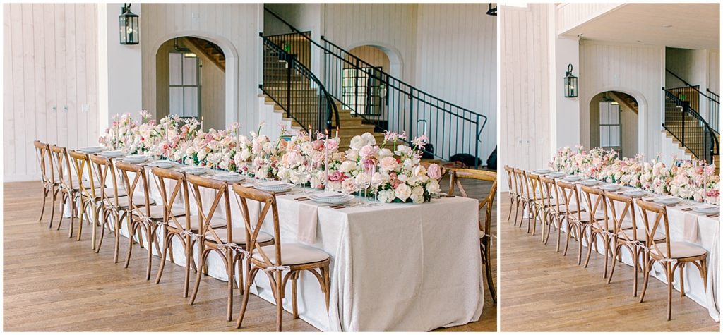 Reception decorated with blush tones and pearl accents at this classic and romantic styled shoot | River Bottoms Ranch, Utah | Nikki Golden Photography - Destination wedding photographer