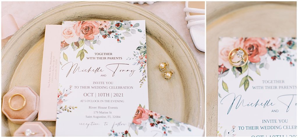 Wedding invitation flatlay with florals and rings | St Augustine wedding photographer | Nikki Golden