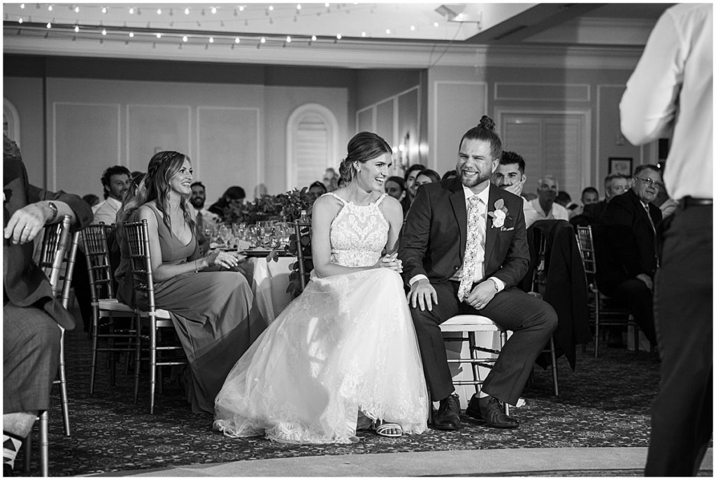 Black and white image of bride and groom at St Augustine wedding reception