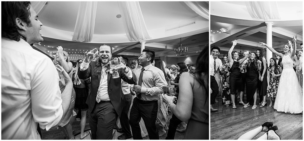 Black and white images of guests dancing at wedding reception party at River House Events, St Augustine
