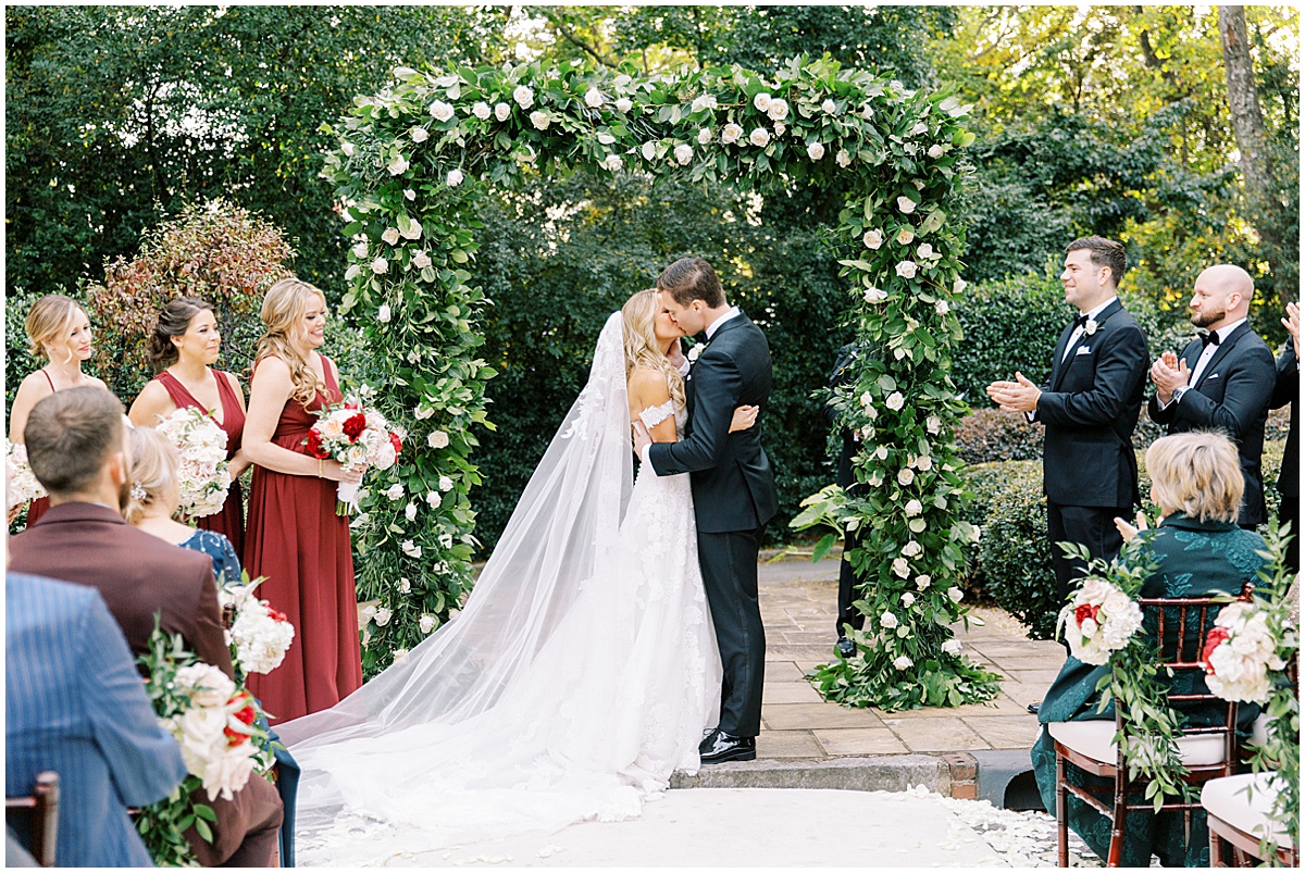 First wedding kiss.Wedding ceremony at The Estate, Atlanta | Nikki Golden Photography