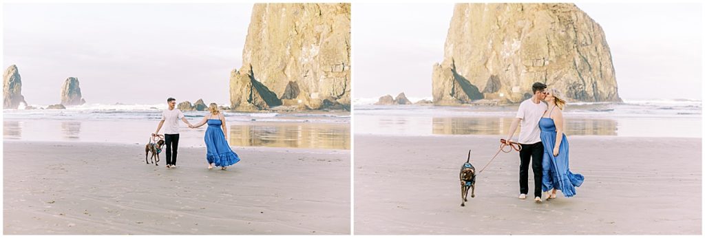 Couple with their dog on the beach a at Cannon Beach, Oregon with Haystack Rock in the background | Photography by Nikki Golden Photography | Destination wedding photographer.