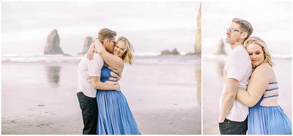 Couples session at Cannon Beach, Oregon with Haystack Rock in the background | By Nikki Golden Photography | Destination wedding photographer.
