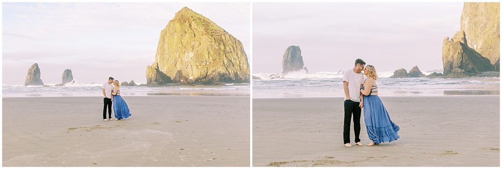 Couples session at Cannon Beach, Oregon with Haystack Rock in the background | Photography by Nikki Golden Photography