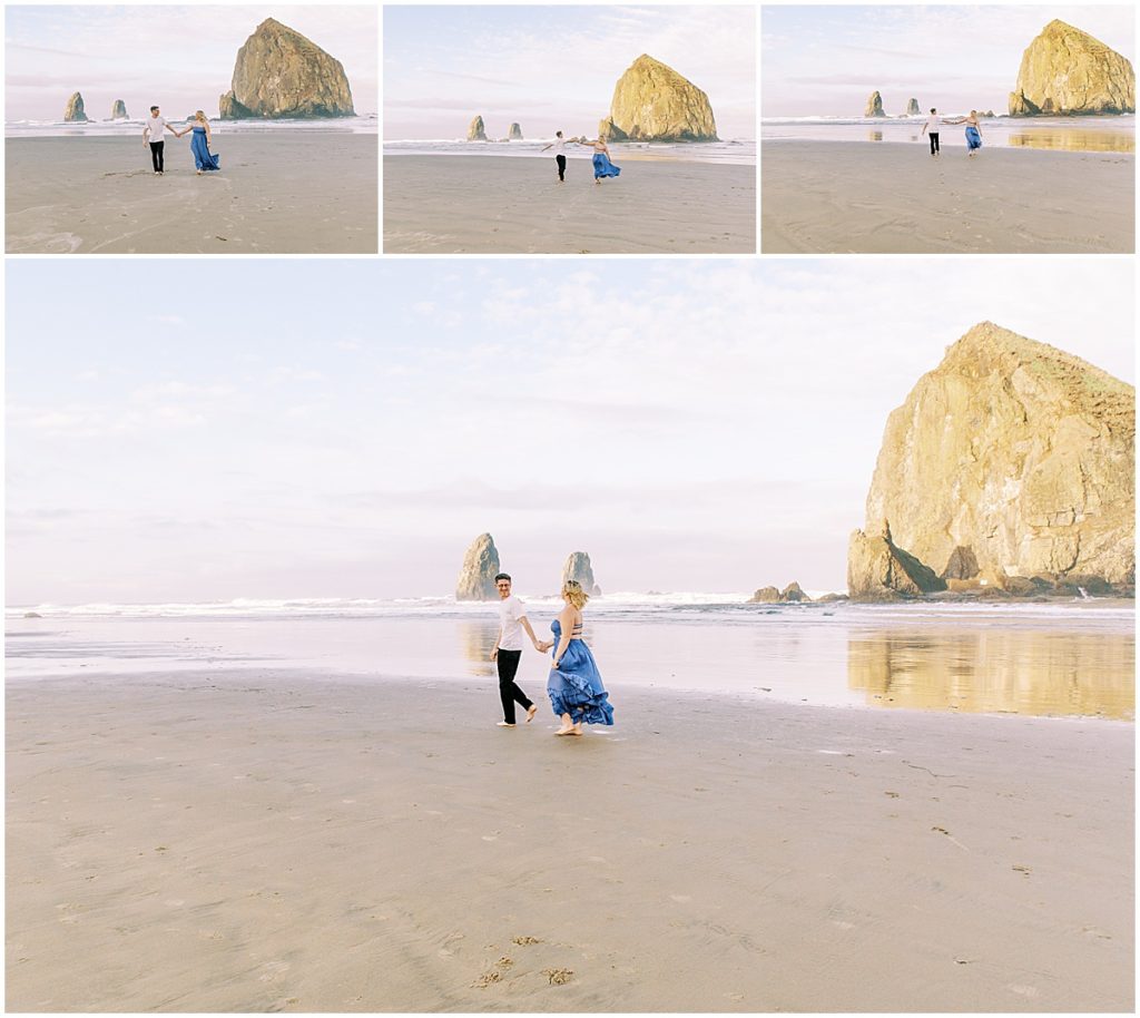 Couple running along the beach at Cannon Beach, Oregon | Photography by Nikki Golden Photography | Destination wedding photographer