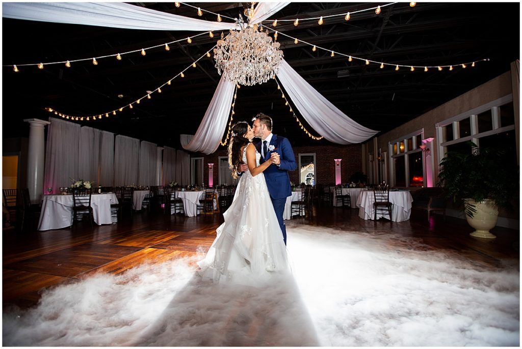 Bride and groom first dance at wedding reception, with dry ice at The White Room, St Augustine | Nikki Golden Photography | St Augustine Wedding Photographer