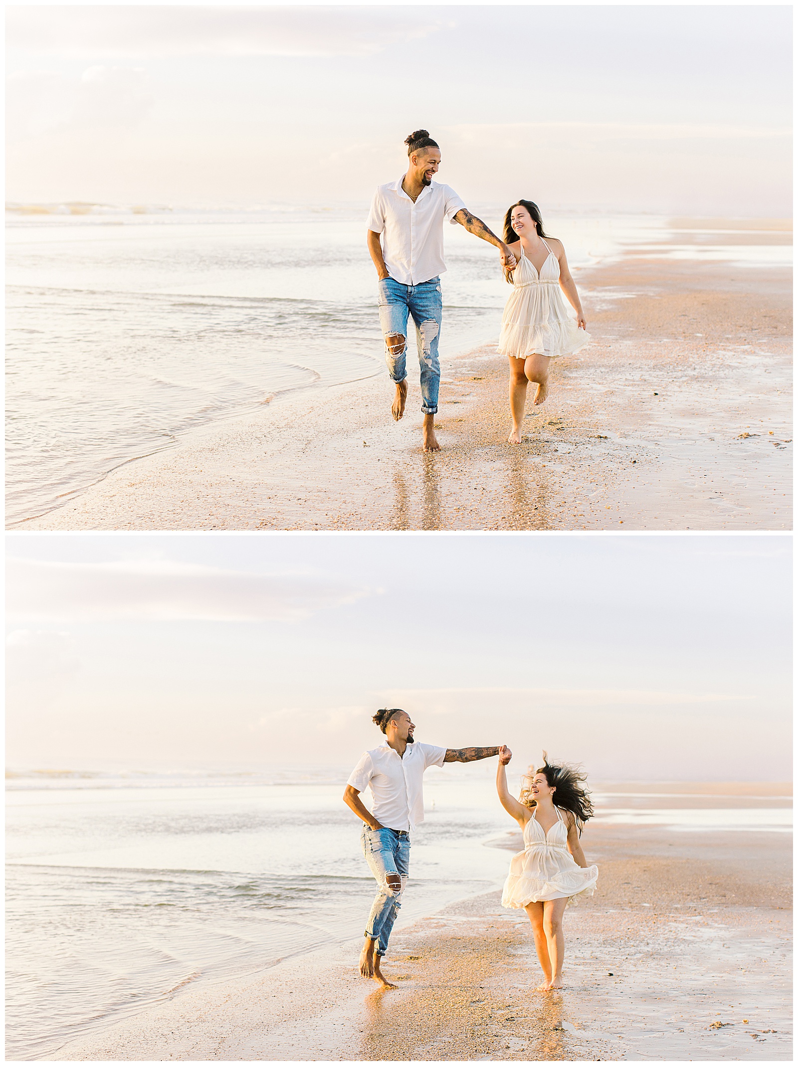 engaged couple running through the water at sunrise on a st augustine beach