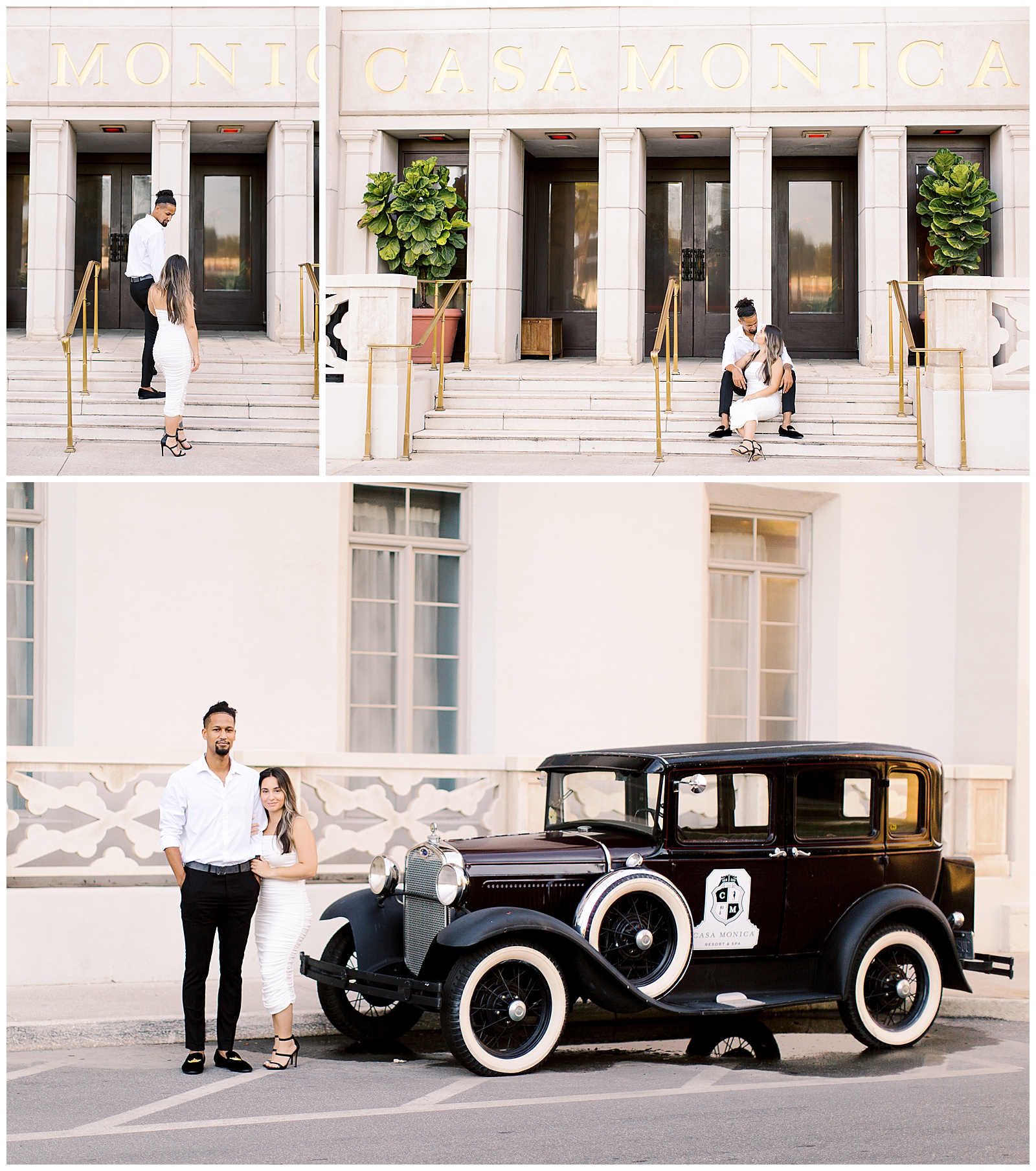 engaged couple posing with car at casa monica st aug