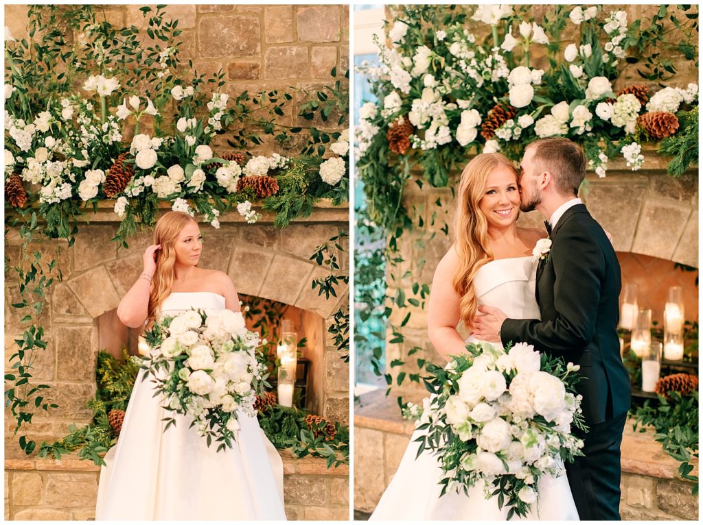 bride and groom photos in front of a fireplace lined with florals and candles 