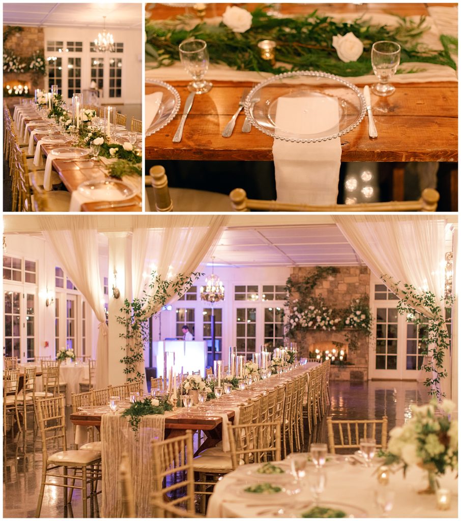 little river farms georgia venue images decorated with green florals, candles, and lights