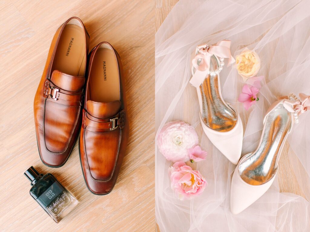 Detail photos of a bride and groom shoes, florals, and cologne. 