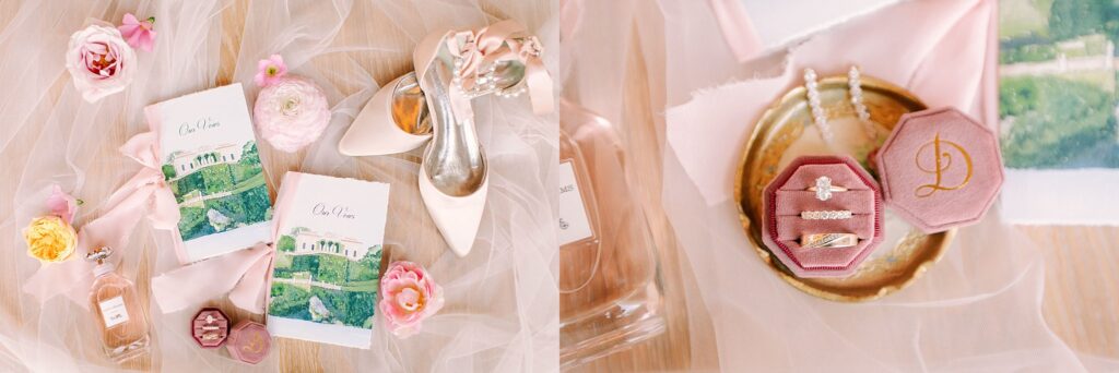 blush pink wedding details laid out with shoes rings and florals