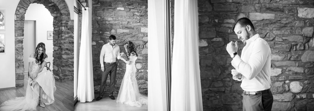 black and white photos of a bride and groom getting ready 