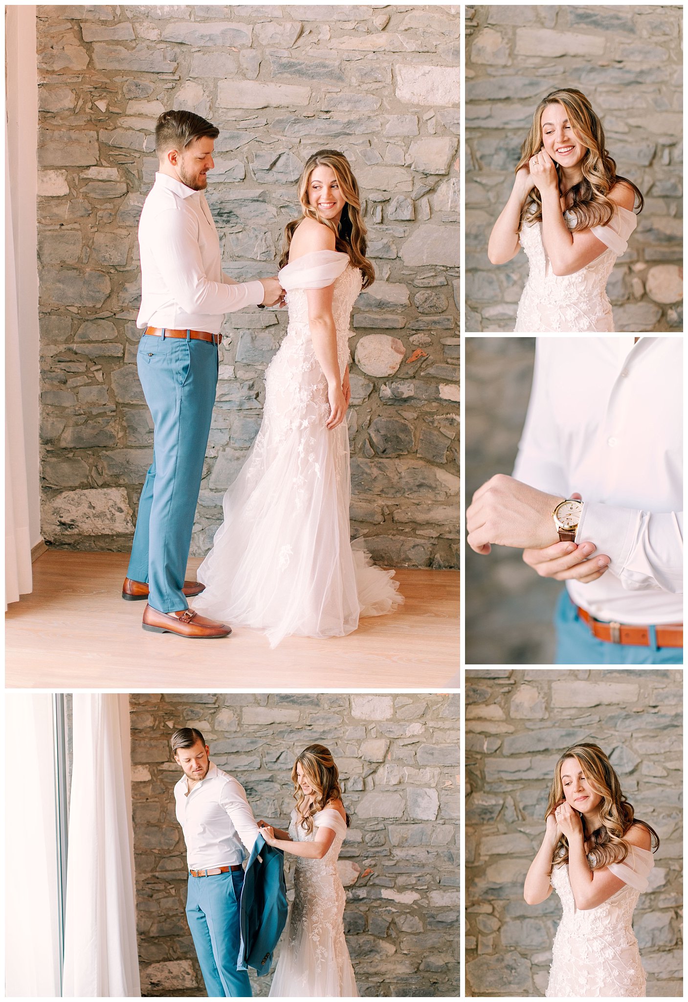 bride and groom getting ready together in front of a stone wall 